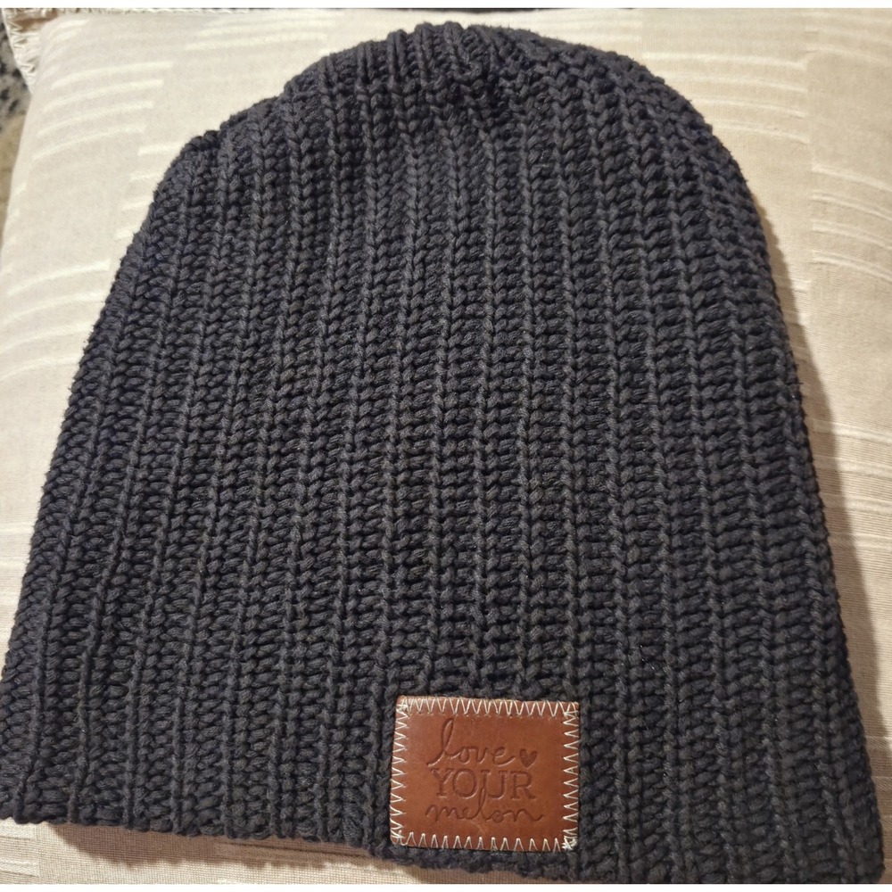 Love Your Melon‎ Beanie Hat Charcoal Grey Brown Leather Patch